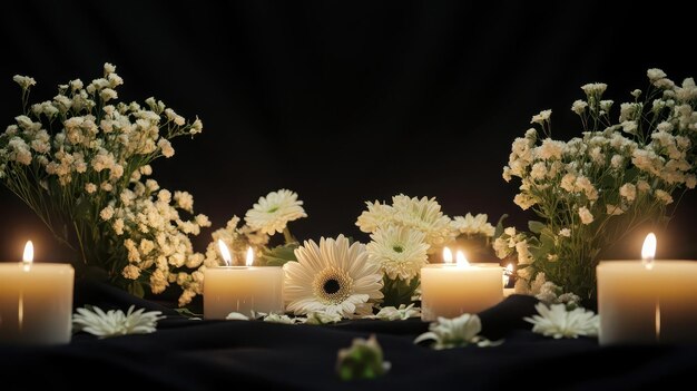 Photo panoramic view of a black backdrop with white candles and flowers