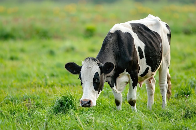 Panoramic view of black and white cow on green grass