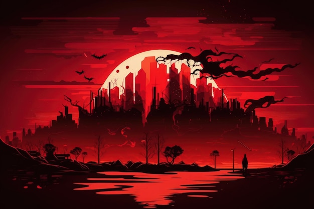 A panoramic view of the blood red sky at night