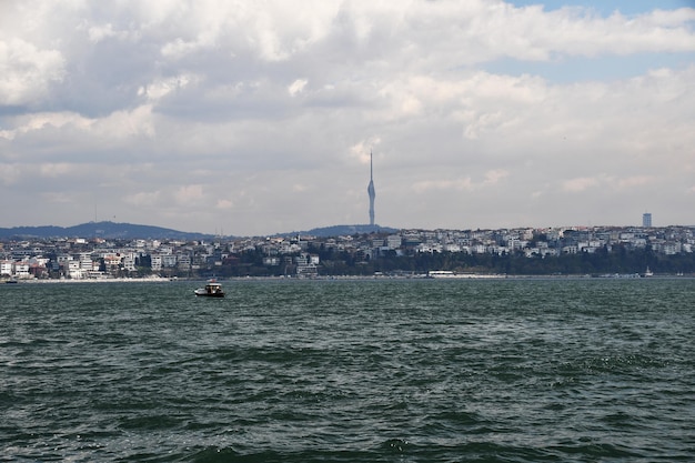 Panoramic view of the Bosphorus Residential houses on the shore of the strait TV tower on the mountain