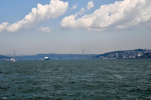 Panoramic view of the Bosphorus View of the coast and the bridge across the strait April 14 2022 Istanbul Turkey