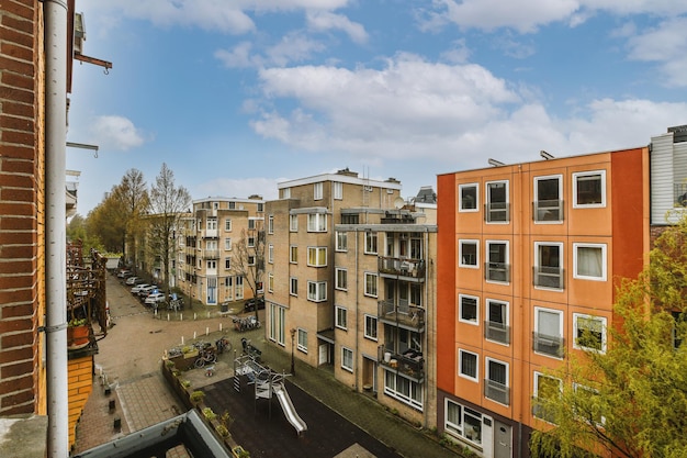 Panoramic view of brick buildings from balcony