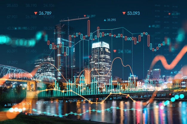 Panoramic view of Broadway district of Nashville over the river at illuminated night skyline Tennessee USA Forex candlestick graph hologram The concept of internet trading brokerage and analysis