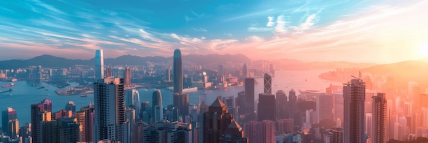 Panoramic view of a bustling city by the harbor at sunrise skyscrapers and waterfront development