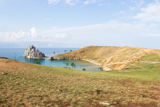 Panoramic view of Cape Burkhan and Shamanka rock and Lake Baikal