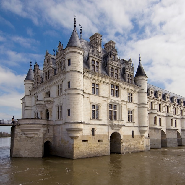 Panoramic view of Castle and garden of Chenonceau during the summer day