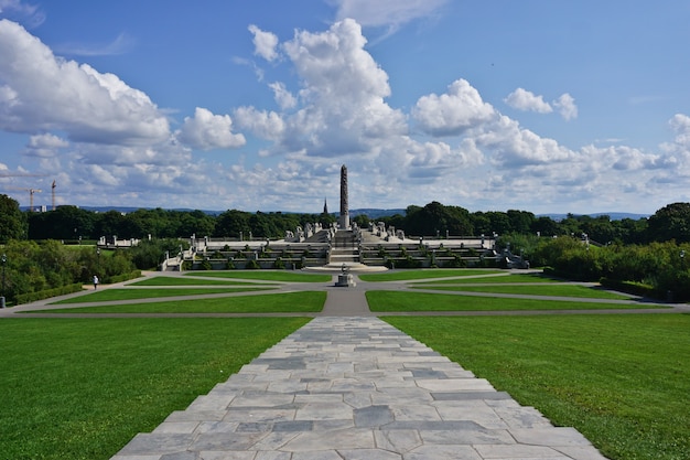 Panoramic view of the central obelisk made of sculptures of people by Gustav Vigeland, Frogner Park, Oslo, Norway.