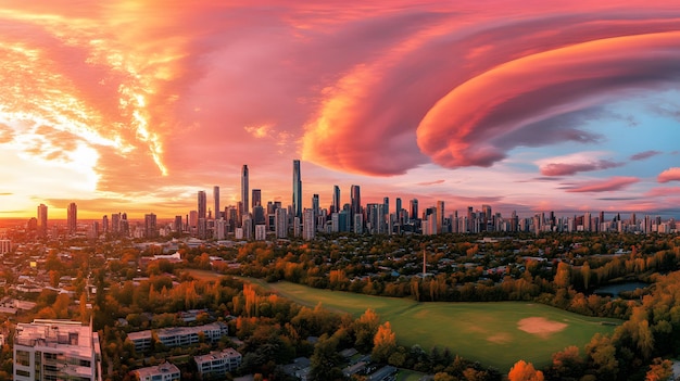 Photo a panoramic view of a city skyline at sunset