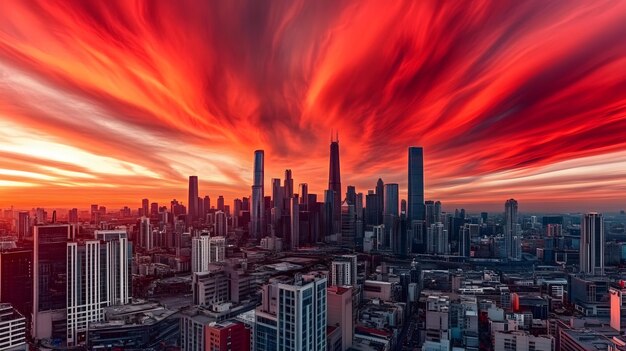 A panoramic view of a city skyline at sunset