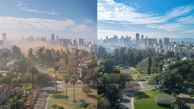 A panoramic view of a cityscape before and after the atmospheric river the first image showing a