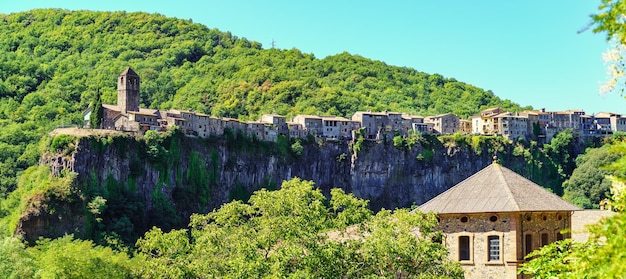 Panoramic view of the cliff that supports the medieval village of Castellfollit de la Roca Girona Spain