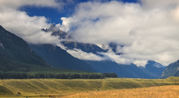 Panoramic view of the clouds above the hills near Mount Elbrus