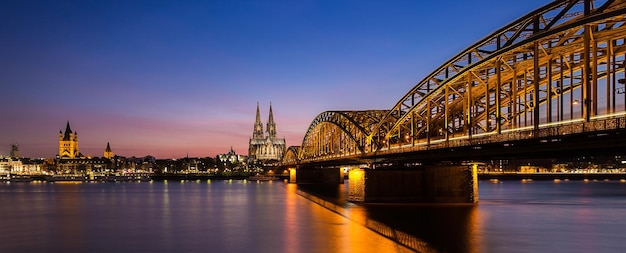 A panoramic view of the cologne city with cathedral and hohenzollern bridge at sunset in germany. Taken outside with a 5D mark III.