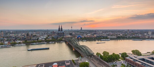 A panoramic view of cologne at sunset on the rhine river in germany. Taken outside with a 5D mark III.