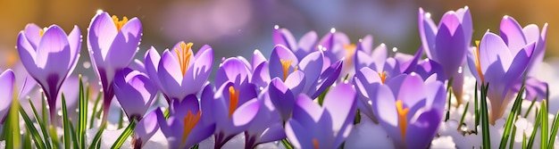 Panoramic view of crocuses in the morning light spring wildflowers bokeh effect