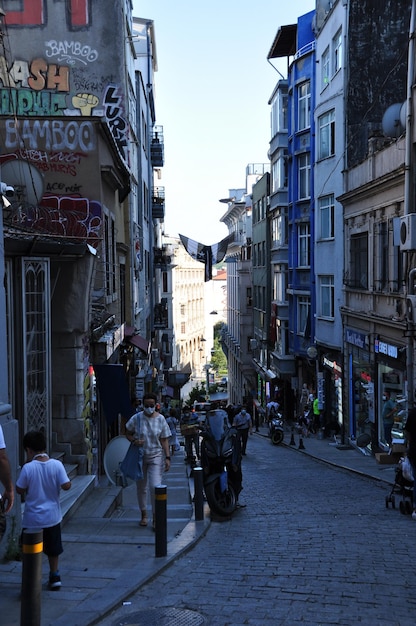 Panoramic view of a crowded street. Beautiful streets of Istanbul. July 12, 2021, Istanbul, Turkey.