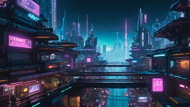 A panoramic view of a cyberpunk cityscape built on multiple levels connected by neon lit sky bridges