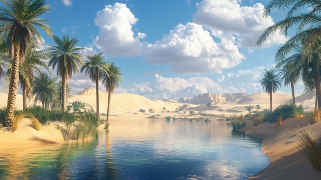 Photo a panoramic view of a desert oasis with palm trees and clear water surrounded by towering sand dunes