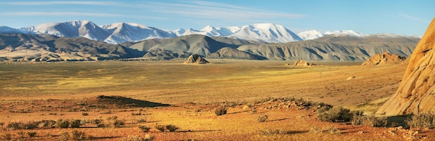 Panoramic view of a desert valley in the mountains of Mongolia