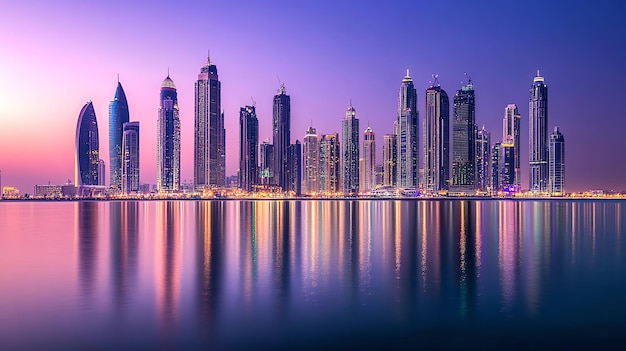 A panoramic view of the Dubai skyline at sunset showing the iconic skyscrapers and busy highways