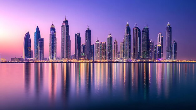 Photo a panoramic view of the dubai skyline at sunset showing the iconic skyscrapers and busy highways