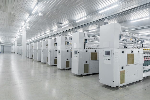 Panoramic view in equipment in the workshop in the textile factory