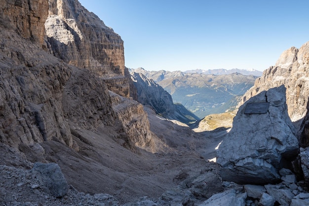 Panoramic view of famous Dolomites mountain peaks Brenta Trentino Italy