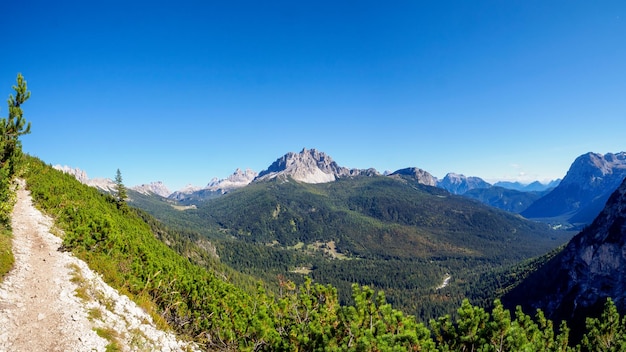 Panoramic view of the famous peaks of the Dolomites Belluno Province Dolomiti Alps Italy