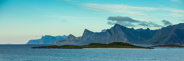 Panoramic view at fjord with rocks Rocky beach Beautiful nature Norway