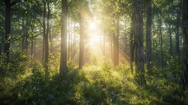 Panoramic view of a forest in spring with sun raysx9