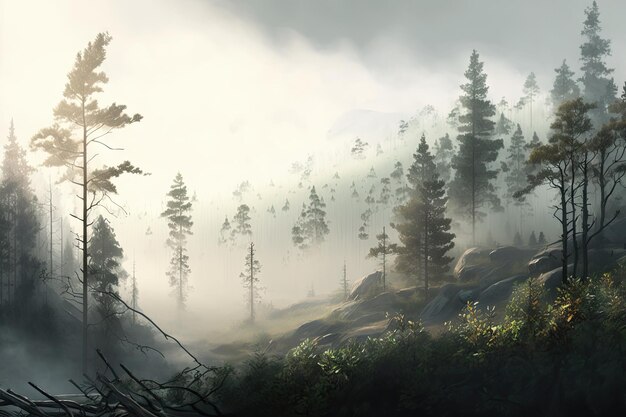 Panoramic view of forest with misty morning fog bringing a touch of magic to the scenery