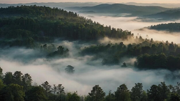 Photo panoramic view of forest with morning fog