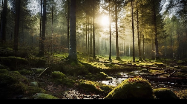 Panoramic view of forest with sunlight shining Generative AI