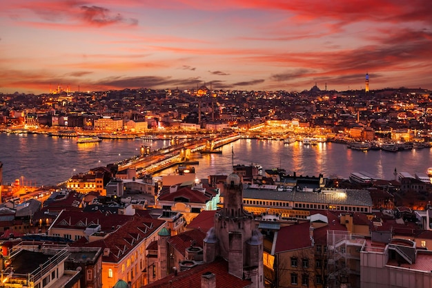 Panoramic view from Galata tower to Golden Horn Istanbul Turkey