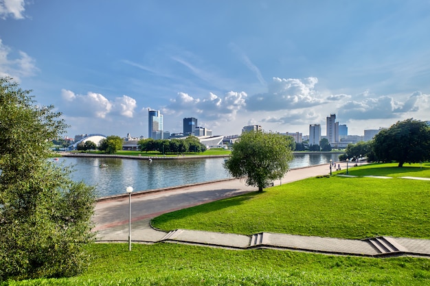 Panoramic view from park of the city behind the river