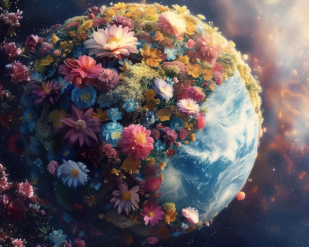 A panoramic view from space reveals a planet entirely covered in vivid blooming flowers a jewel in the galaxys crown