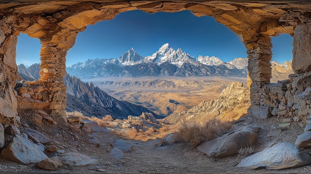 Panoramic view from a stone archway overlooking mountains