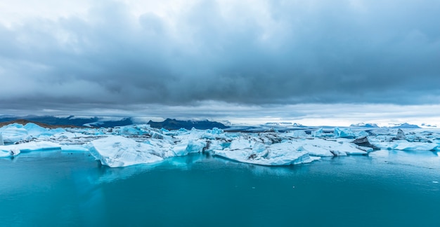 Panoramic view of the frozen Jökulsárlón lake in August. Iceland