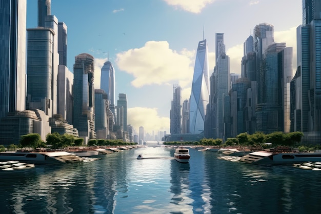 Panoramic View of Futuristic City on the Banks of Beautiful Clean River Megatall Skyscrapers Surrounding Wide River Boat Sailing the River Morning Scene Futuristic City on the Earth