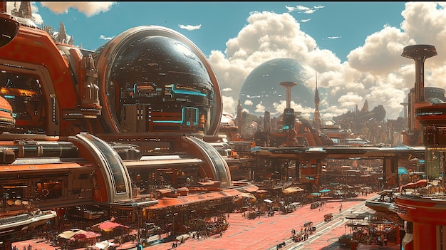 A panoramic view of a galactic marketplace showcasing its vastness and diversity with countless stalls merchants and alien species