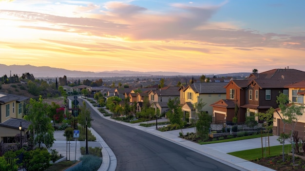 Panoramic view of a gated community with homes lined up along a street