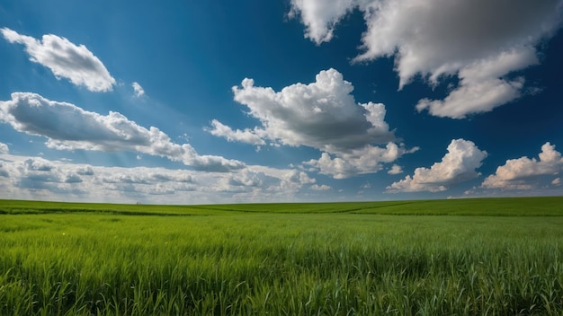 Panoramic view of a green field under a cloud filled blue sky