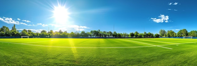 A panoramic view of a green soccer field on a sunny day with a bright blue sky and white cloud