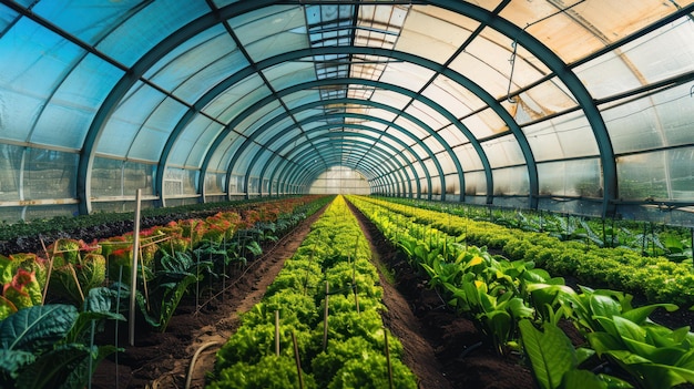 Photo a panoramic view of a greenhouse interior with plants arranged in symmetrical patterns