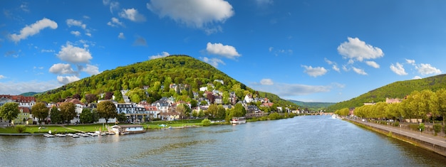 Panoramic view of Heidelberg and Neckar river from Karl Theodor Bridge 