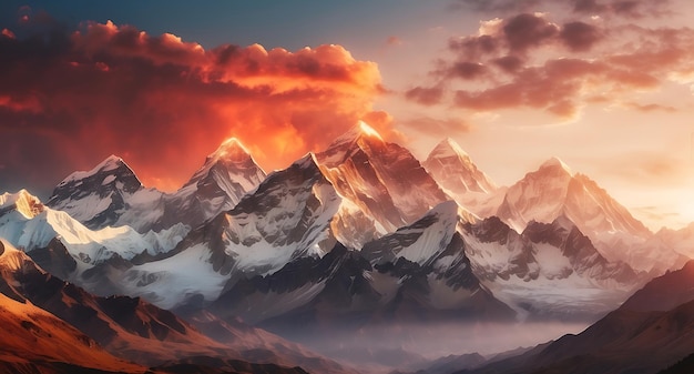 Panoramic view of the Himalayas Sunrise over the mountains