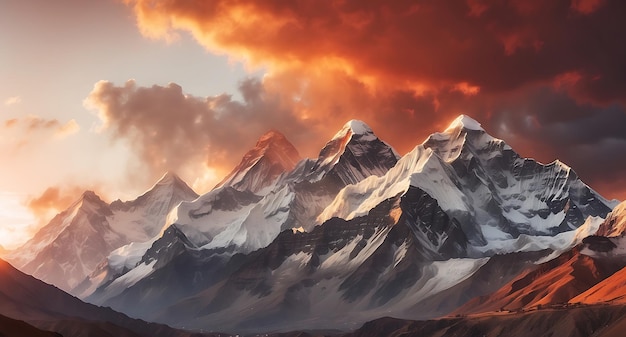 Panoramic view of the Himalayas Sunrise over the mountains