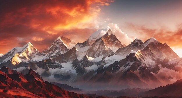 Panoramic view of the Himalayas Sunrise over the mountains