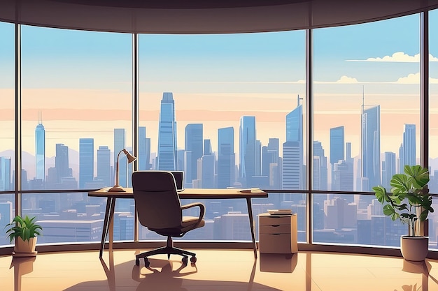 A panoramic view of a home office space with large windows overlooking a city skyline Vector illustration in flat style