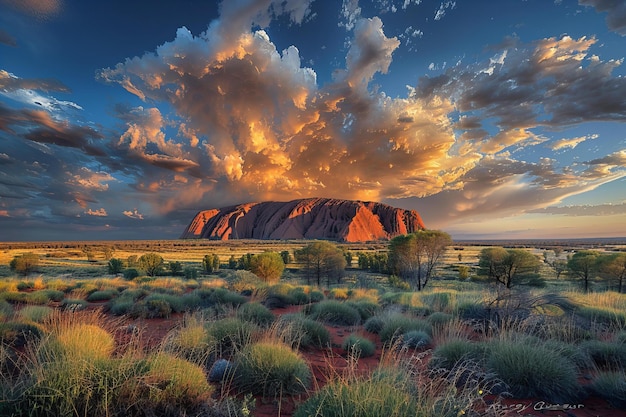 A panoramic view of the iconic australian landmark uluru in australias outback desert at sunset wi